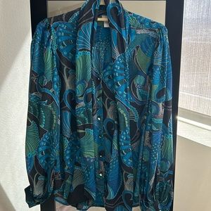 Chico’s peacock blue long sleeve tie neck blouse